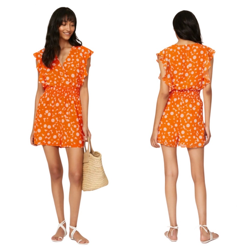 Slate & Willow Bright Orange Dot Pattern Shorts Romper Jumper, Fully Lin…